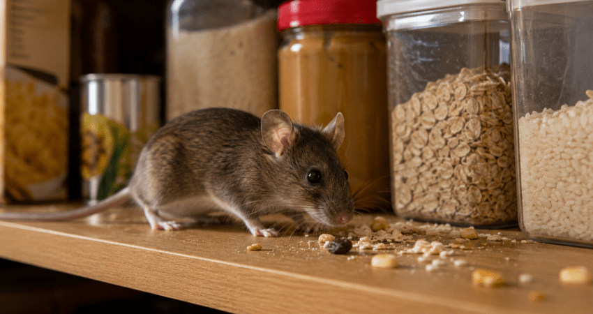 Mouse nibbling spilled breakfast cereal on a wooden pantry shelf beside jars of oats and rice.