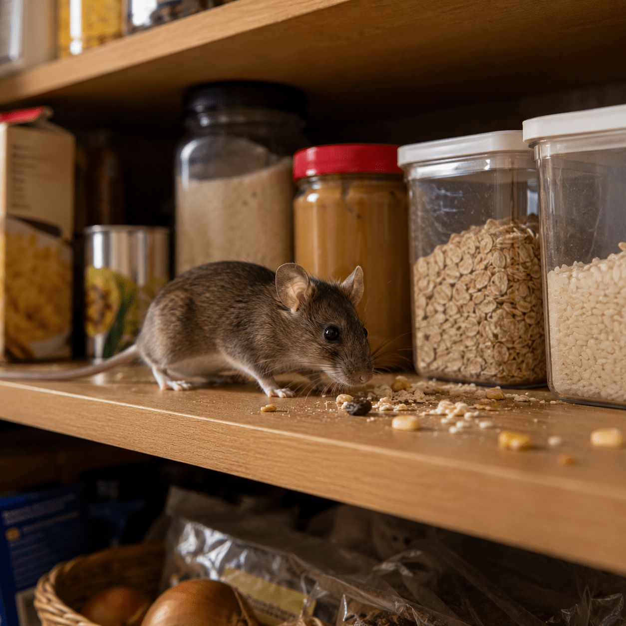 Mouse nibbling spilled breakfast cereal on a wooden pantry shelf beside jars of oats and rice.